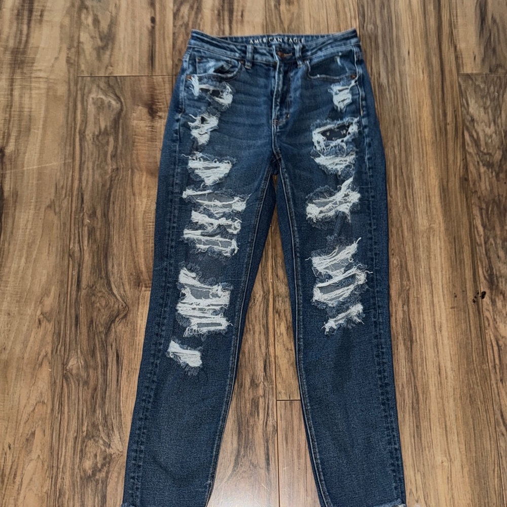 American Eagle Outfitters Dark Blue High-Rise Distressed Jeans